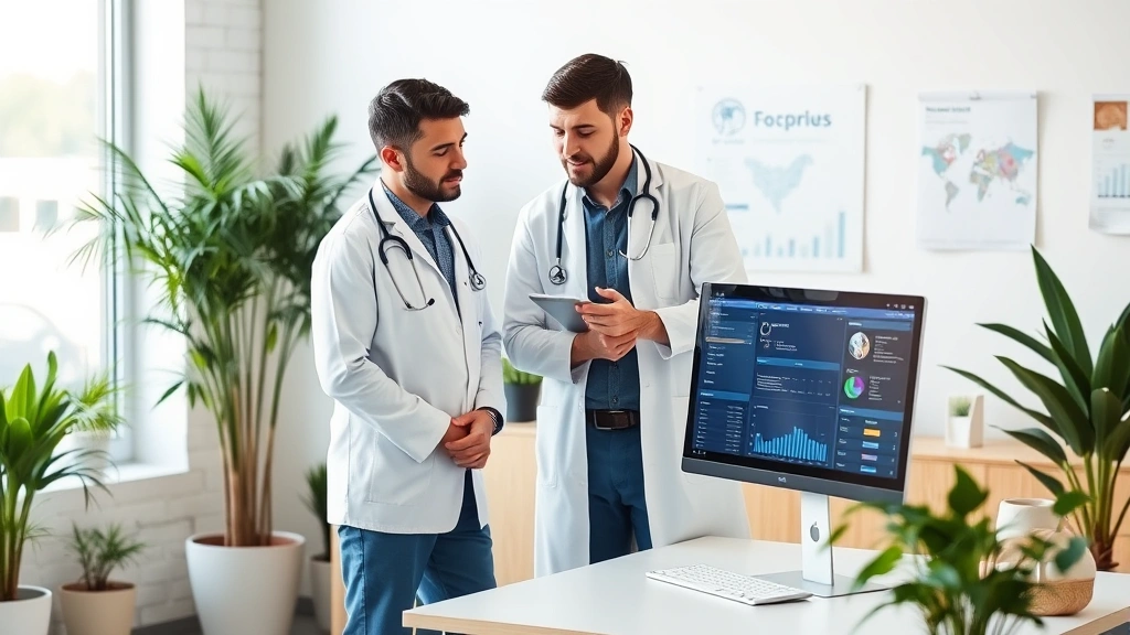 Healthcare professional mentoring colleague at standing desk, reviewing patient data dashboard, contemporary wellness-focused office environment with plants