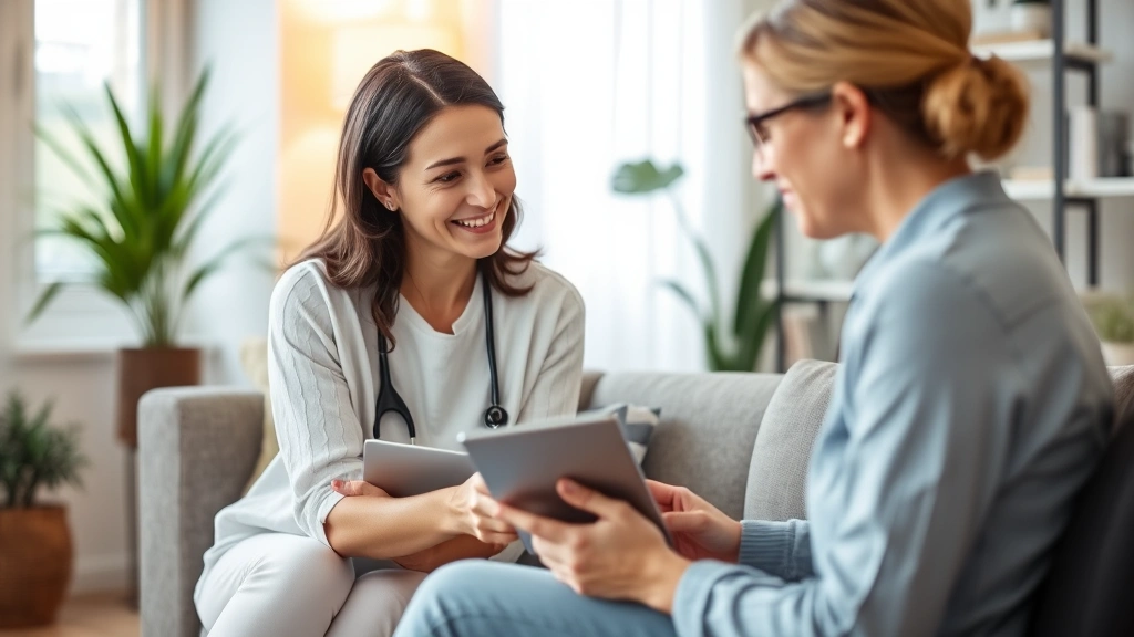 Female health coach conducting virtual session with patient on tablet, warm lighting, professional home office setting, engaged conversation, wellness focus