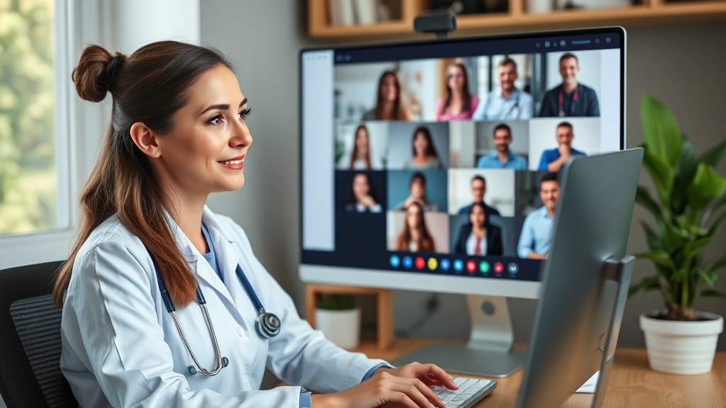 Remote female healthcare professional in home office, video conference on computer screen showing diverse team members, professional casual setting with plant and natural lighting