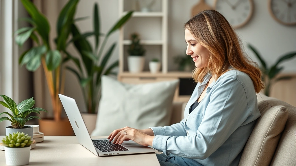Female health coach conducting virtual consultation on laptop with patient data visible, home office setting with wellness plants, calming neutral tones and natural lighting