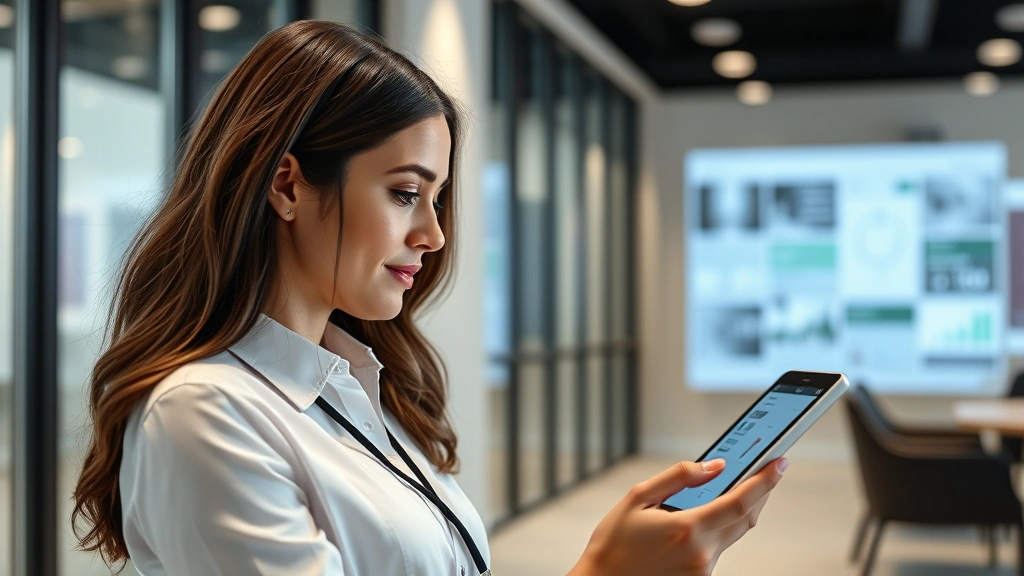 Young professional woman using tablet reviewing patient data on digital health platform, modern minimalist office setting, focused expression, contemporary healthcare technology interface visible