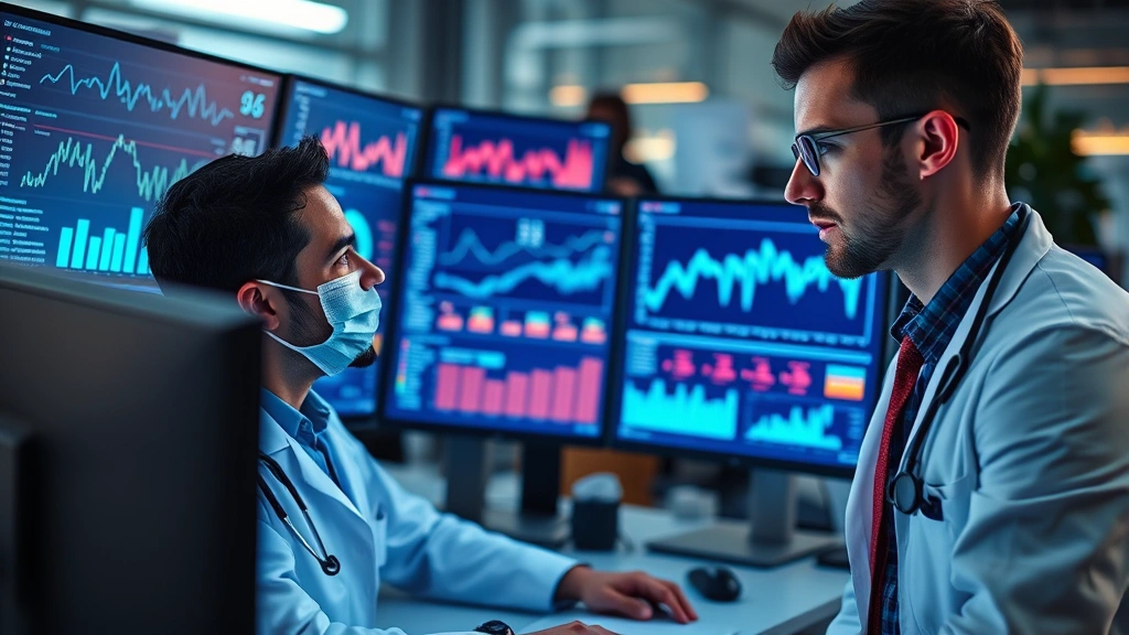 Data scientist analyzing health metrics on multiple monitors in tech office, focused expression, modern healthcare analytics workspace, evidence-based care visualization