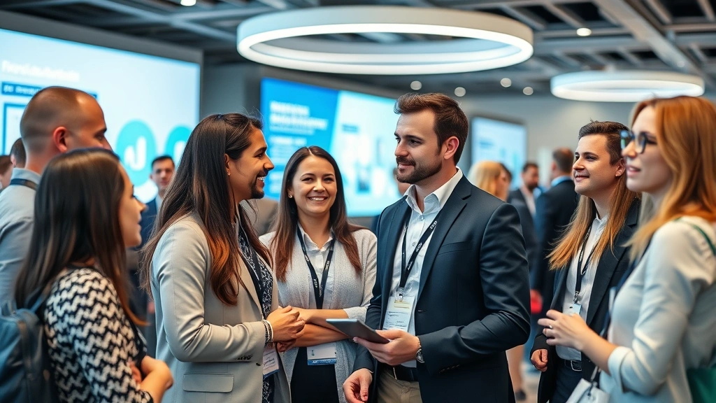 Multi-generational professionals in casual business attire networking at healthcare technology conference, modern venue with digital health displays in background, collaborative atmosphere