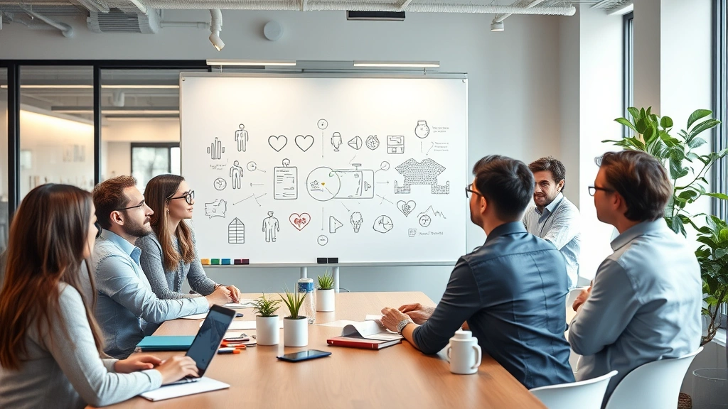 Diverse group of healthcare professionals and engineers in brainstorming meeting, whiteboard with health innovation sketches, collaborative dynamic, modern office with natural elements