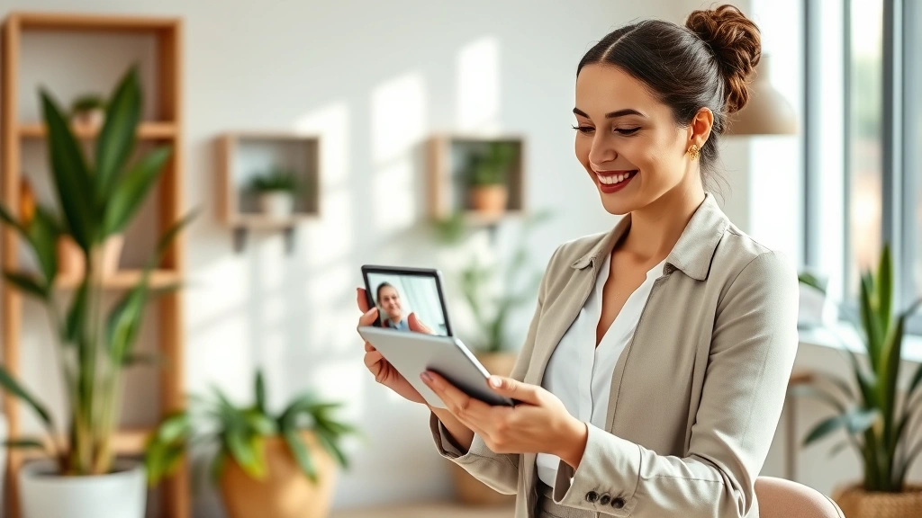 Professional female health coach conducting virtual video consultation on tablet, modern wellness clinic background, natural lighting, warm colors, professional attire