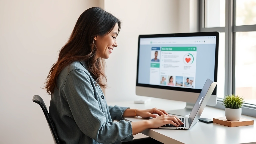 Serene woman sitting at modern desk with laptop, smiling while accessing health portal on computer screen, soft natural lighting from window, minimalist home office setup, contemporary wellness aesthetic