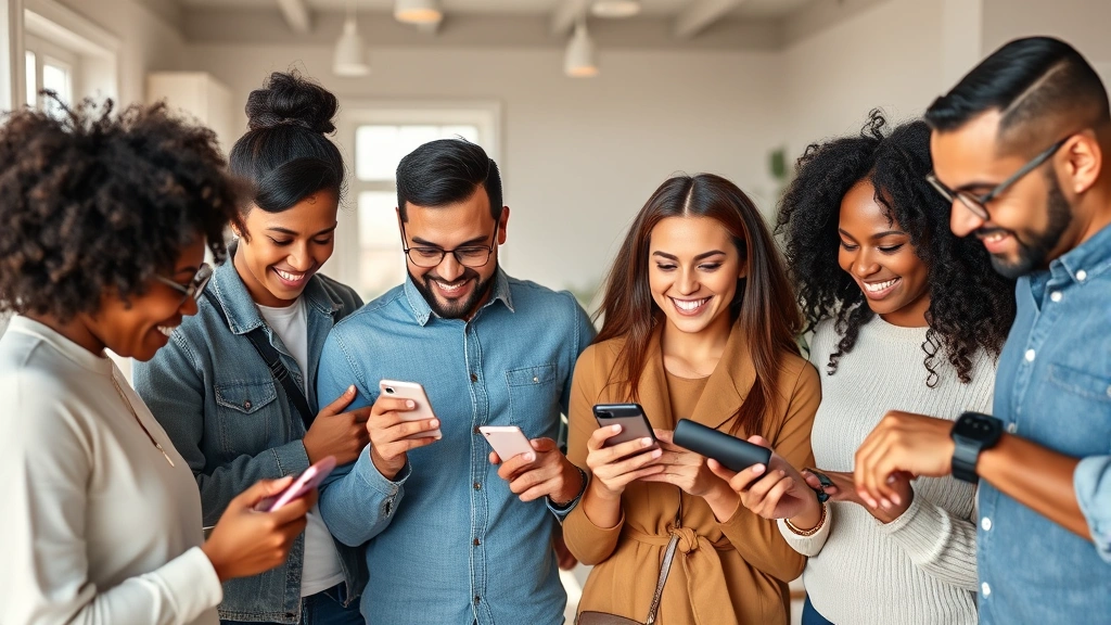 Diverse group of people using smartphones and smartwatches for health tracking, bright modern homes, various ethnicities, happy engaged expressions, contemporary lifestyle setting