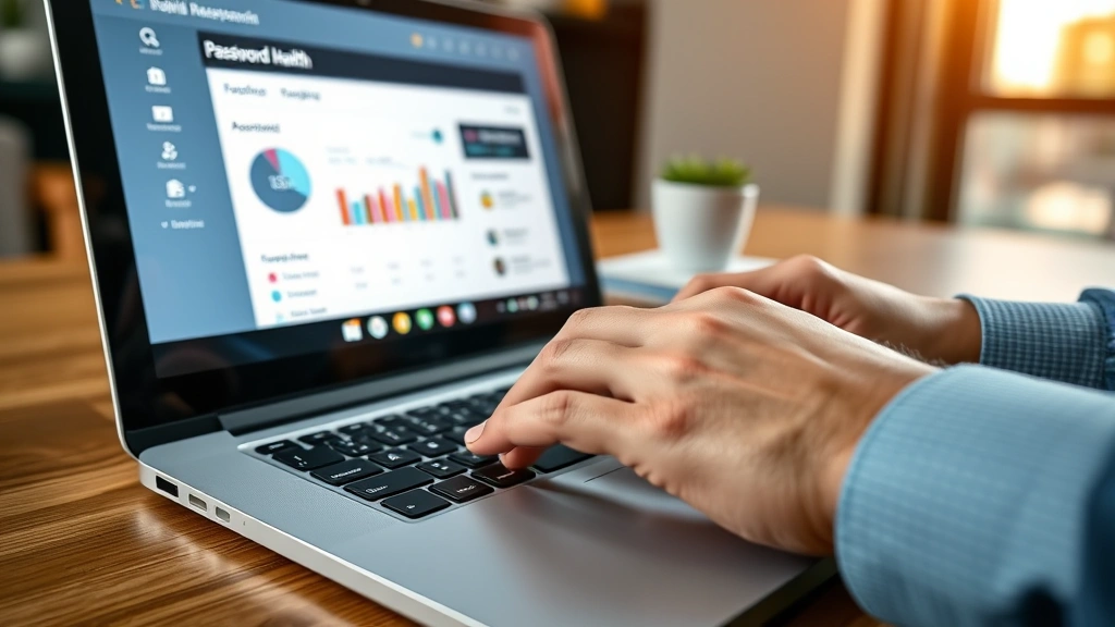 Close-up of hands typing password on keyboard, modern laptop with health dashboard visible on screen, professional yet approachable setting, emphasis on security and digital wellness interaction