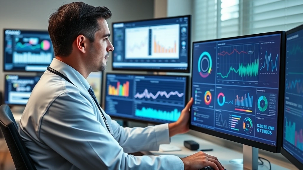 Healthcare professional reviewing patient health data on digital dashboard, multiple screens showing charts and metrics, clinical but welcoming environment, focused concentration