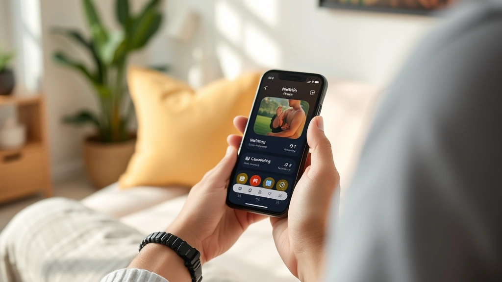 Person holding smartphone showing mobile health app interface, relaxed posture in comfortable home environment, natural lighting, modern phone displaying wellness tracking features and coaching options