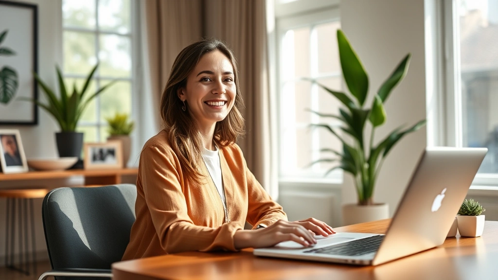 Woman in bright home office smiling during video therapy session on laptop, natural window light, warm modern decor, professional yet comfortable setting