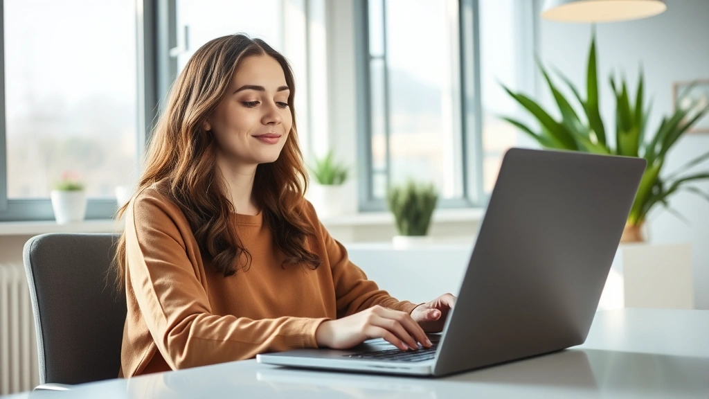 Person in bright, modern office space looking peaceful during a virtual therapy session on laptop, natural window light, calm expression, professional yet relaxed setting