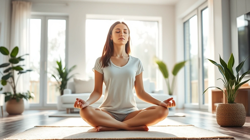Serene woman meditating peacefully in bright, modern living room with natural sunlight streaming through large windows, calm and centered expression, minimalist decor with plants