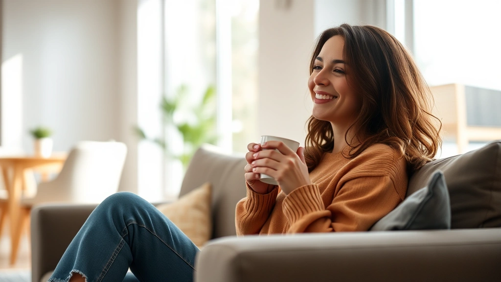 Woman sitting peacefully on comfortable couch in modern bright living room, holding warm beverage, smiling with relaxed expression, natural window light streaming through, contemporary home interior