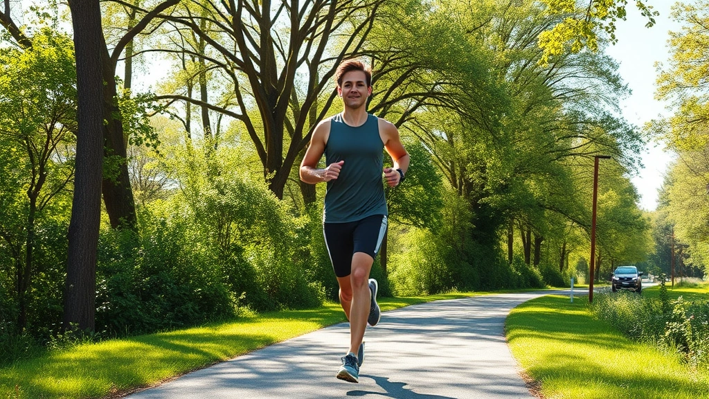Person jogging outdoors on sunny morning path surrounded by green trees, athletic wear, determined calm expression, fresh air environment, health and vitality radiating