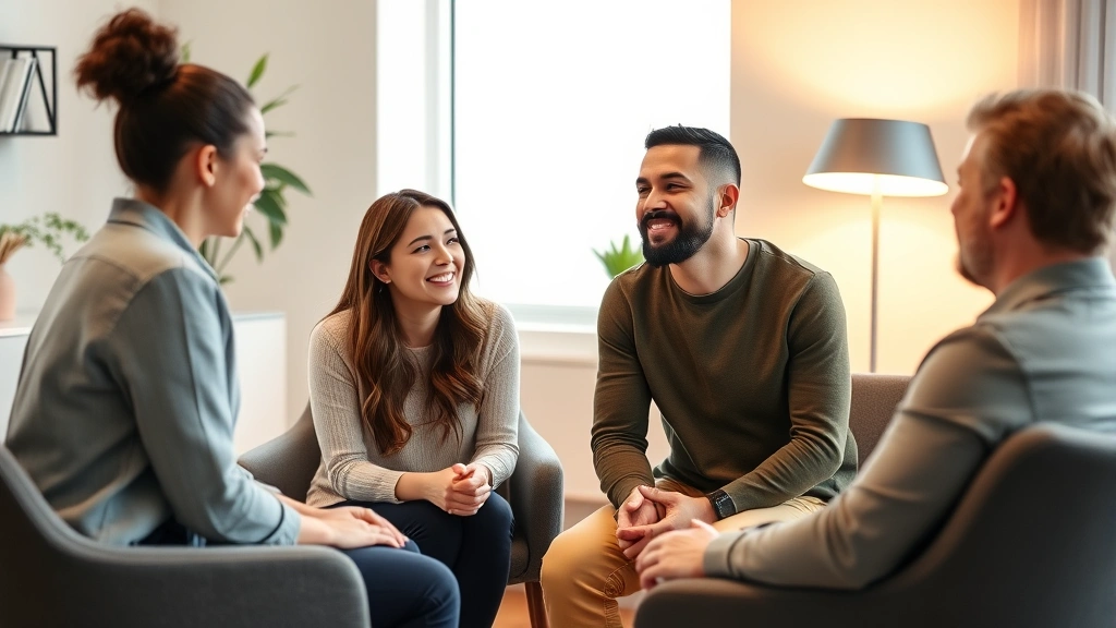 Female therapist and male patient having supportive conversation in contemporary clinical office, warm lighting, comfortable seating, trust-based interaction, diverse representation, professional yet welcoming environment