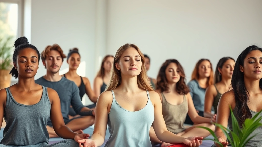 Group of diverse people in wellness studio practicing mindfulness meditation together, serene atmosphere, soft natural lighting, focused and calm faces showing inner peace