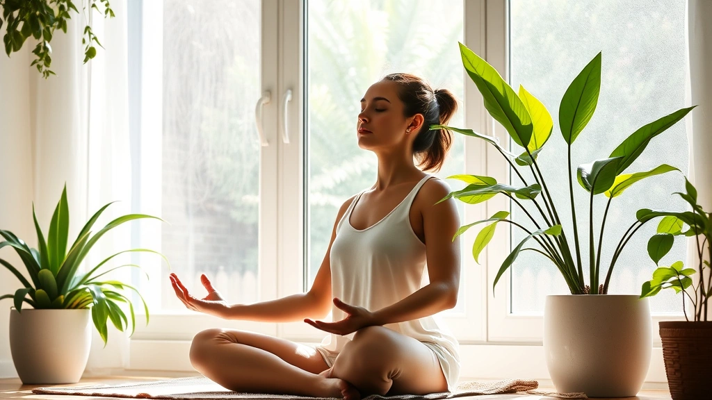 Person meditating peacefully in natural sunlight by window with plants, embodying mental health mindfulness and wellness lifestyle integration for daily well-being