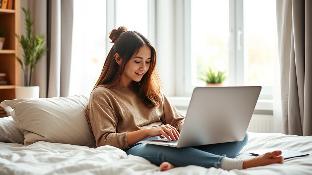 Young professional woman using laptop for virtual mental health therapy session at home, natural window light, relaxed comfortable posture, modern bedroom setting, warm cup of tea nearby, telehealth appointment on screen, accessible mental healthcare