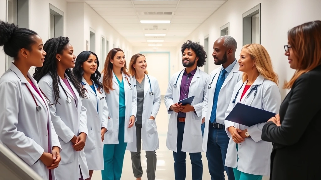 A diverse group of healthcare professionals including therapists and psychiatrists in a modern clinic hallway, wearing white coats, collaborating and discussing patient care, bright clean medical environment, inclusive representation