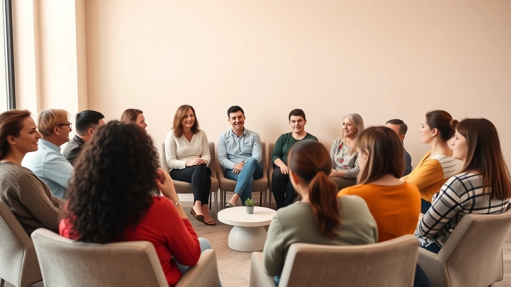 Diverse group of people in mental health support group circle, seated comfortably, engaged conversation, professional therapist facilitating, warm neutral tones, welcoming atmosphere