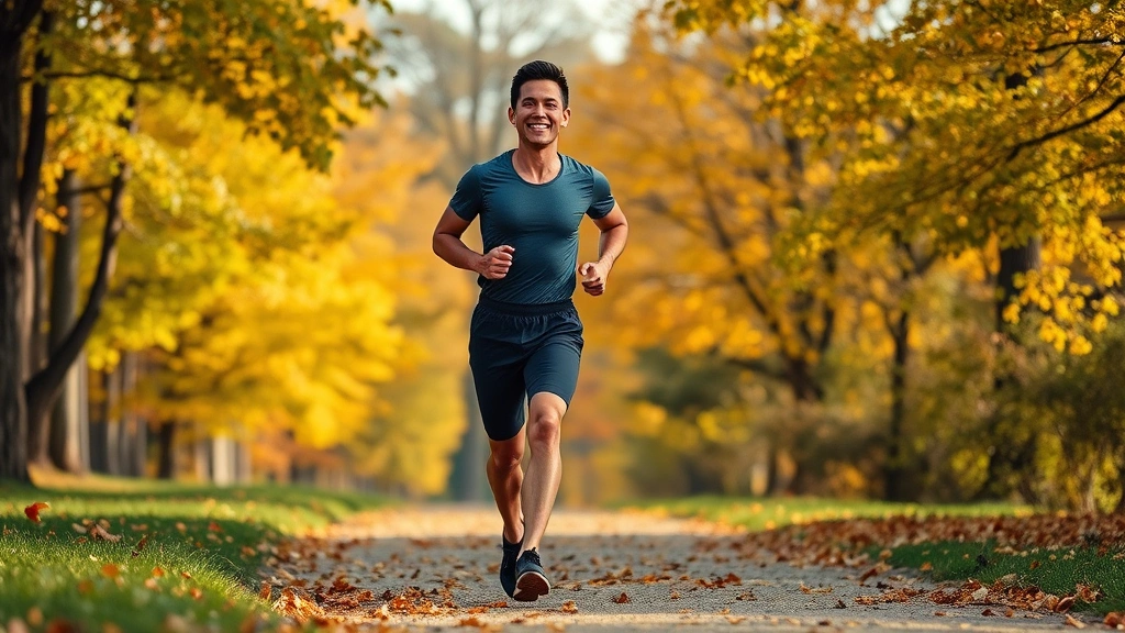Person jogging through autumn park with golden leaves falling, athletic wear, healthy movement, energized expression, outdoor fitness activity, natural landscape background, wellness in motion