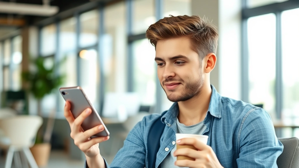 Young professional using mental health app on smartphone during break at modern workplace, calm expression, natural lighting, coffee in hand, contemporary office background, technology enabling wellness