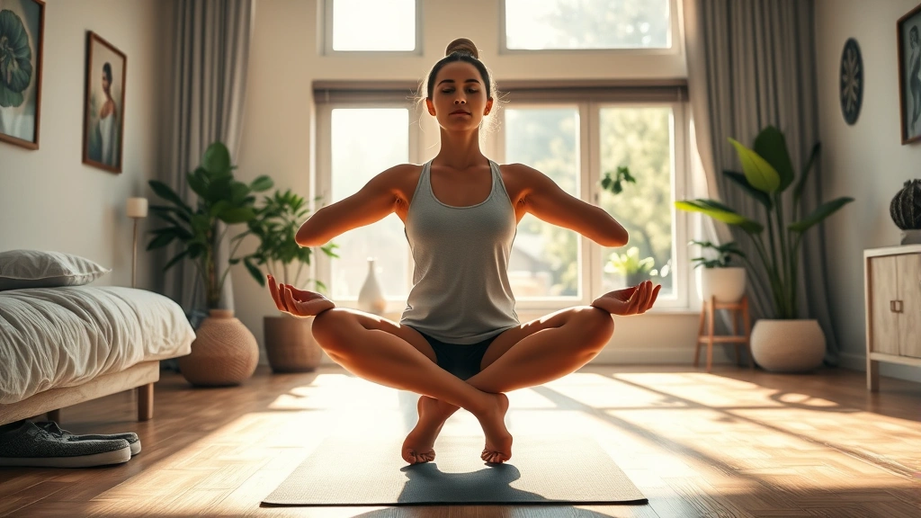 Person meditating peacefully on yoga mat in serene bedroom, morning sunlight streaming through windows, plants and calming decor, relaxed confident posture
