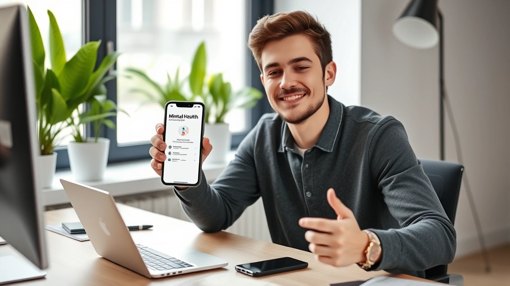 Young professional at desk with smartphone showing mental health app interface, sitting near window with plants, relieved expression, modern minimalist workspace background