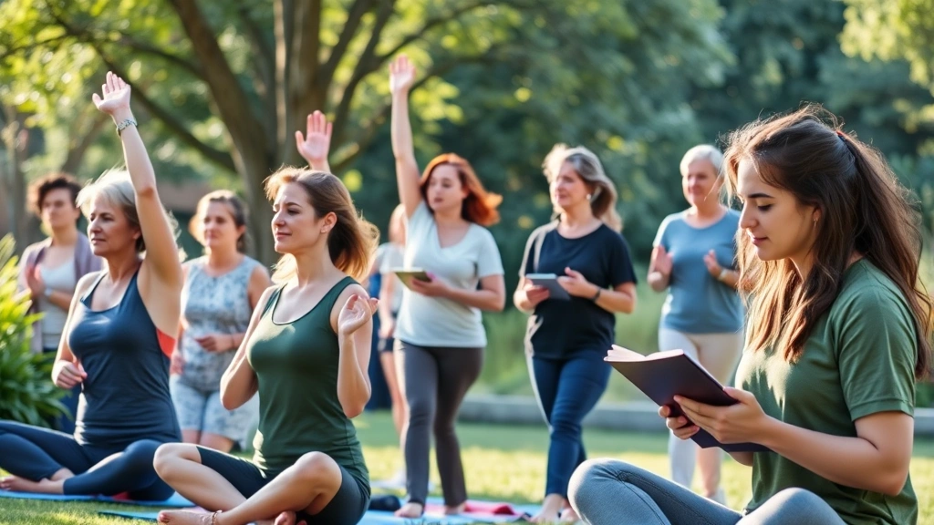 Diverse group of people engaging in wellness activities—yoga, walking, journaling—representing integrated mental health lifestyle practices and community support for holistic wellness