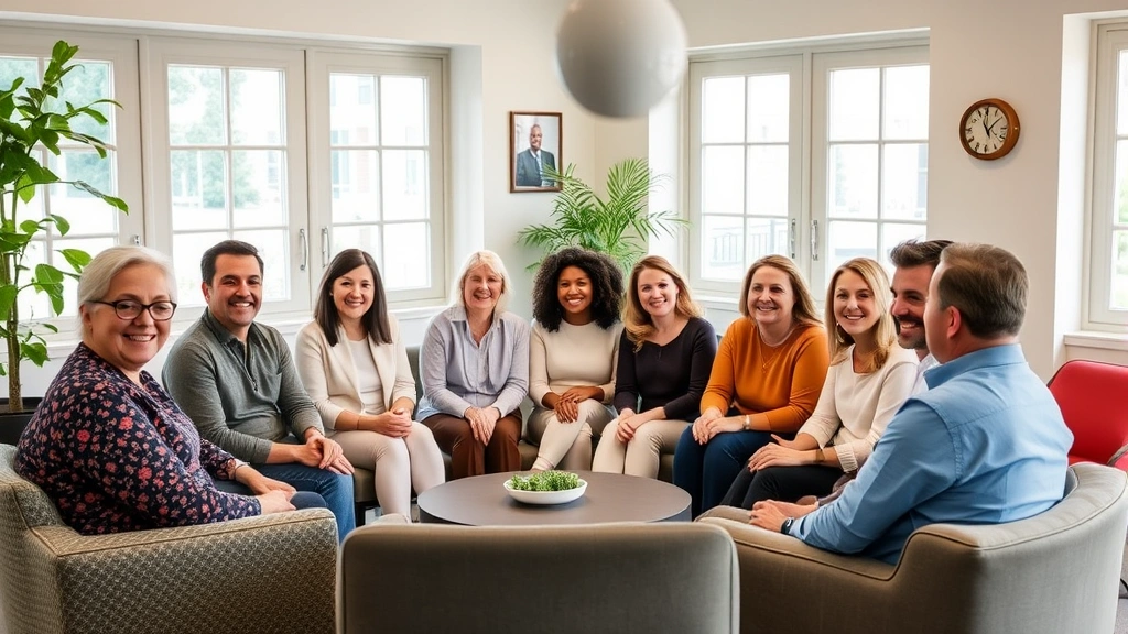 Diverse group of people in mental health support group circle sitting together in welcoming community room, genuine smiles and connection, supportive environment with comfortable seating, natural lighting through large windows, inclusive diverse representation