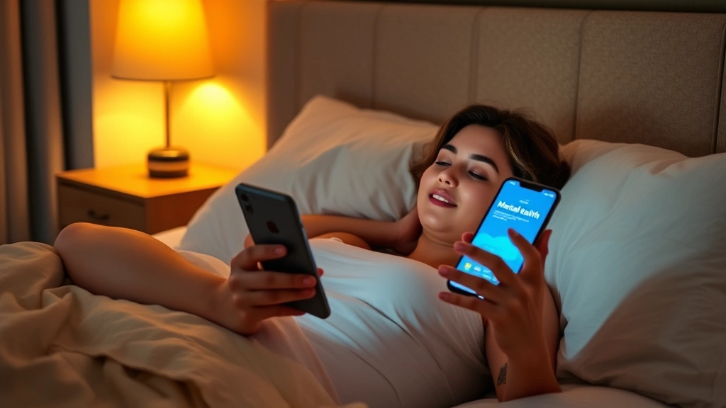 A person using a mental health app on their smartphone while relaxing in bed, warm ambient lighting, peaceful bedroom atmosphere, technology and wellness integration, hopeful and calm demeanor