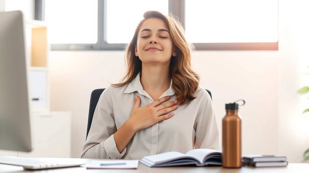 Young professional at desk taking mindfulness break, eyes closed peacefully, hand on chest, sunlit office space, water bottle and journal nearby, serene expression, wellness-focused environment