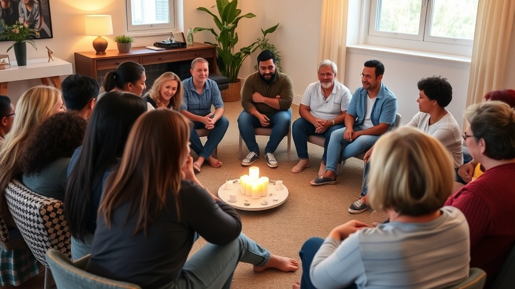 Group of diverse people sitting in circle during support meeting, warm lighting, compassionate listening, community connection, mental health awareness, supportive environment, inclusive gathering