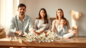 Serene family meditation scene with white orange blossom flowers on wooden table, warm natural light, parents and children sitting peacefully together, minimalist home interior