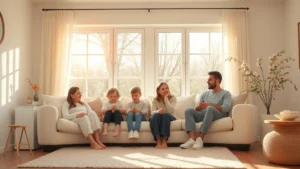 Serene family scene in bright, minimalist living room with warm sunlight streaming through windows, parents and children relaxing on comfortable seating while soft orange blossom fragrance diffuses, peaceful expressions, clean aesthetic