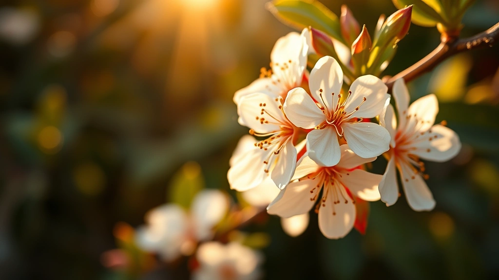 Close-up of delicate white orange blossoms on branch with soft natural sunlight, fresh morning dew, peaceful garden setting, warm tones, lifestyle wellness aesthetic