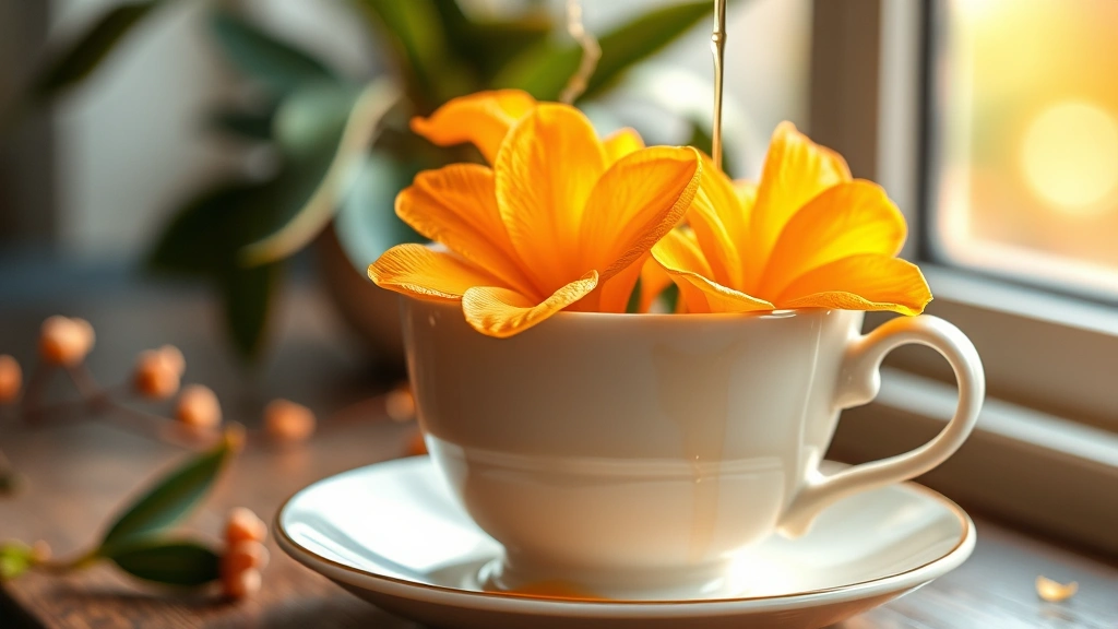 Close-up of fresh orange blossoms in delicate ceramic teacup with steaming herbal tea, honey drizzle, soft morning sunlight through window, cozy wellness atmosphere