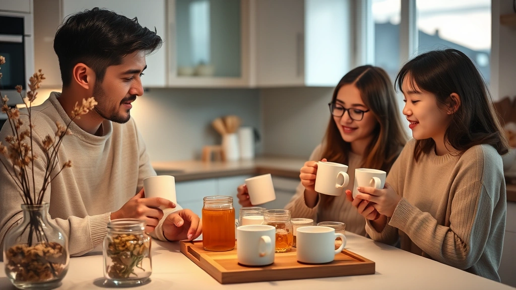 Family of four preparing orange blossom tea together in modern kitchen, warm evening lighting, ceramic mugs, dried flowers in glass jar, cozy bonding moment