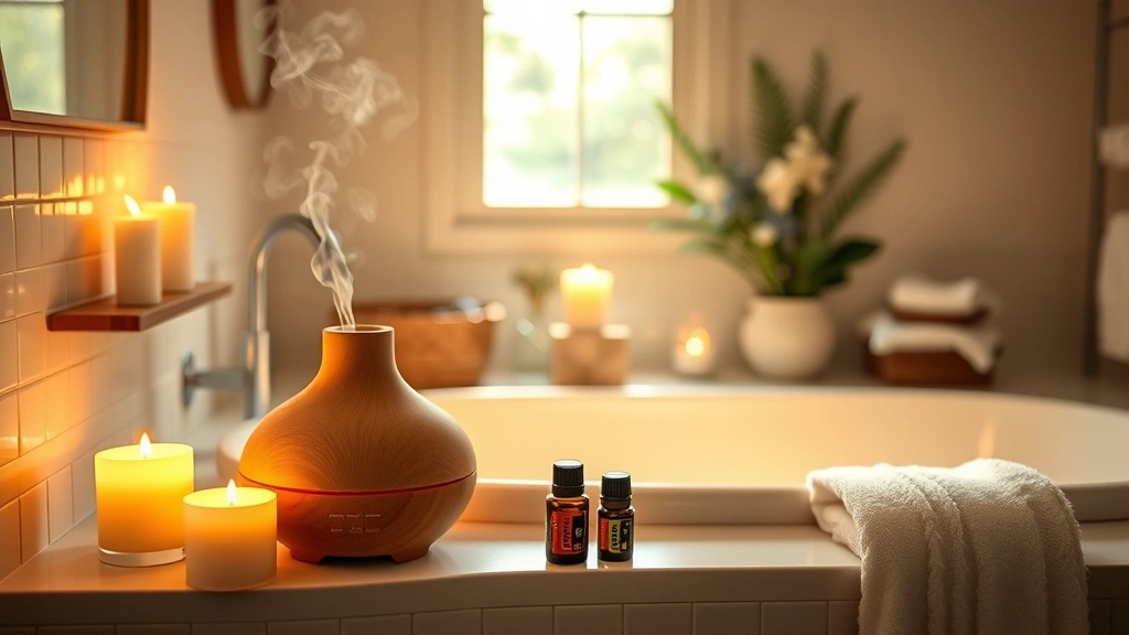Wellness-focused family bathroom scene with lit candles, essential oil diffuser releasing gentle mist, warm bath with natural light, wellness products artfully arranged, serene and spa-like atmosphere