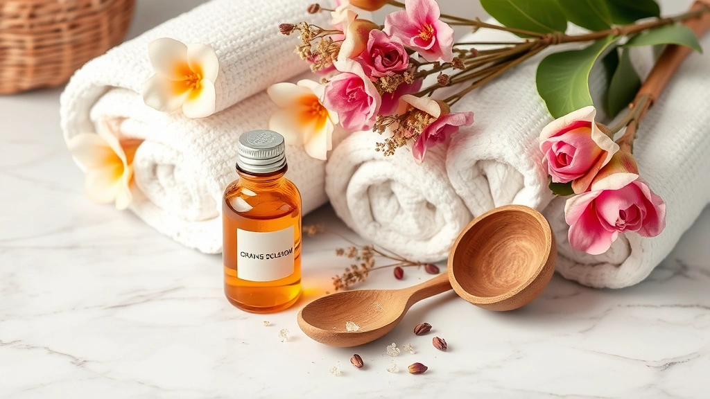 Spa-like arrangement with orange blossom essential oil bottle, dried flowers, wooden spoon, rolled towels, natural skincare products on marble surface, serene wellness lifestyle