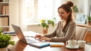 Smiling woman sitting at home office desk reviewing health insurance documents on laptop, natural morning light streaming through window, warm modern office decor, notebook and coffee cup nearby