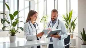 Modern healthcare professional in bright contemporary office reviewing digital insurance information on tablet with plants and natural light streaming through windows