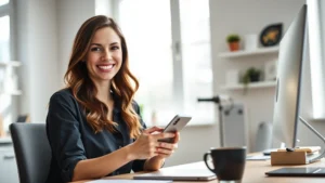 Young professional woman smiling while holding smartphone in modern home office, natural lighting streaming through windows, minimalist desk setup with coffee cup