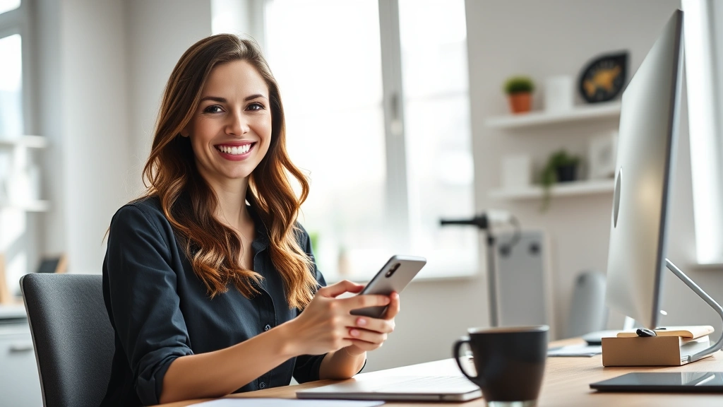 Young professional woman smiling while holding smartphone in modern home office, natural lighting streaming through windows, minimalist desk setup with coffee cup