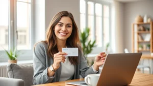 Young professional woman smiling while holding her health insurance card in modern apartment with laptop and coffee, natural daylight streaming through windows, warm and approachable mood