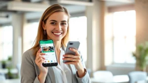 Young professional woman smiling while holding smartphone showing Oscar Health app interface, bright modern office background, natural daylight streaming through windows, professional casual attire