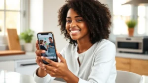 Young professional woman smiling while holding smartphone with Oscar Health app open, sitting at bright modern kitchen counter with coffee mug, natural morning light streaming through windows, lifestyle photography