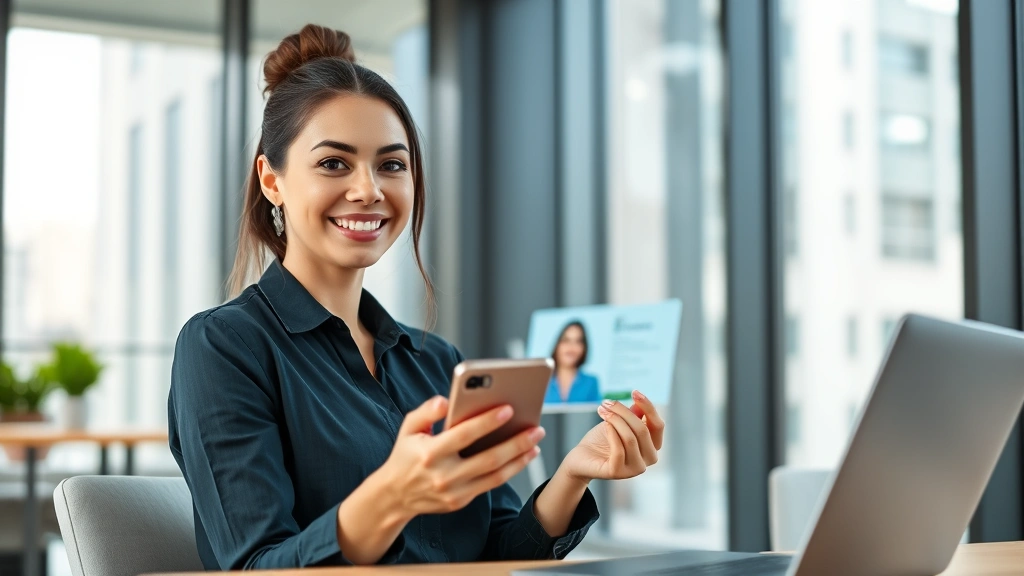Young professional woman smiling while holding smartphone, sitting in modern bright office with large windows, showing friendly customer service representative on screen, natural lighting, contemporary workspace aesthetic