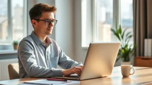 Young professional reviewing health insurance plans on laptop at modern home office desk, natural light streaming through window, warm minimalist aesthetic, cup of coffee nearby, focused expression